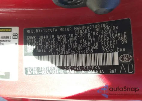 2009 Toyota Corolla Le из США, поврежденный, VIN 2T1BU40E39C112603